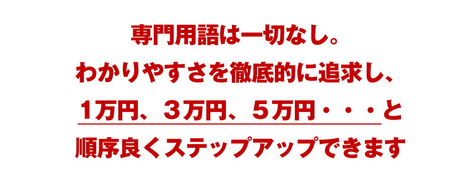 専門用語は一切なし。わかりやすさを徹底的に追求し、1万円、３万円、５万円・・・と順序良くステップアップできます